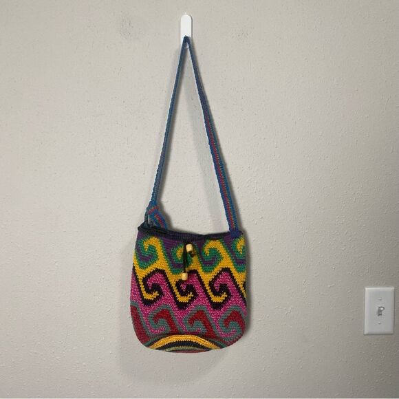 Women's Boho Artisanal Colorful Crochet/Knit Crossbody Bag W/ Drawstring Closure - Picture 11 of 15